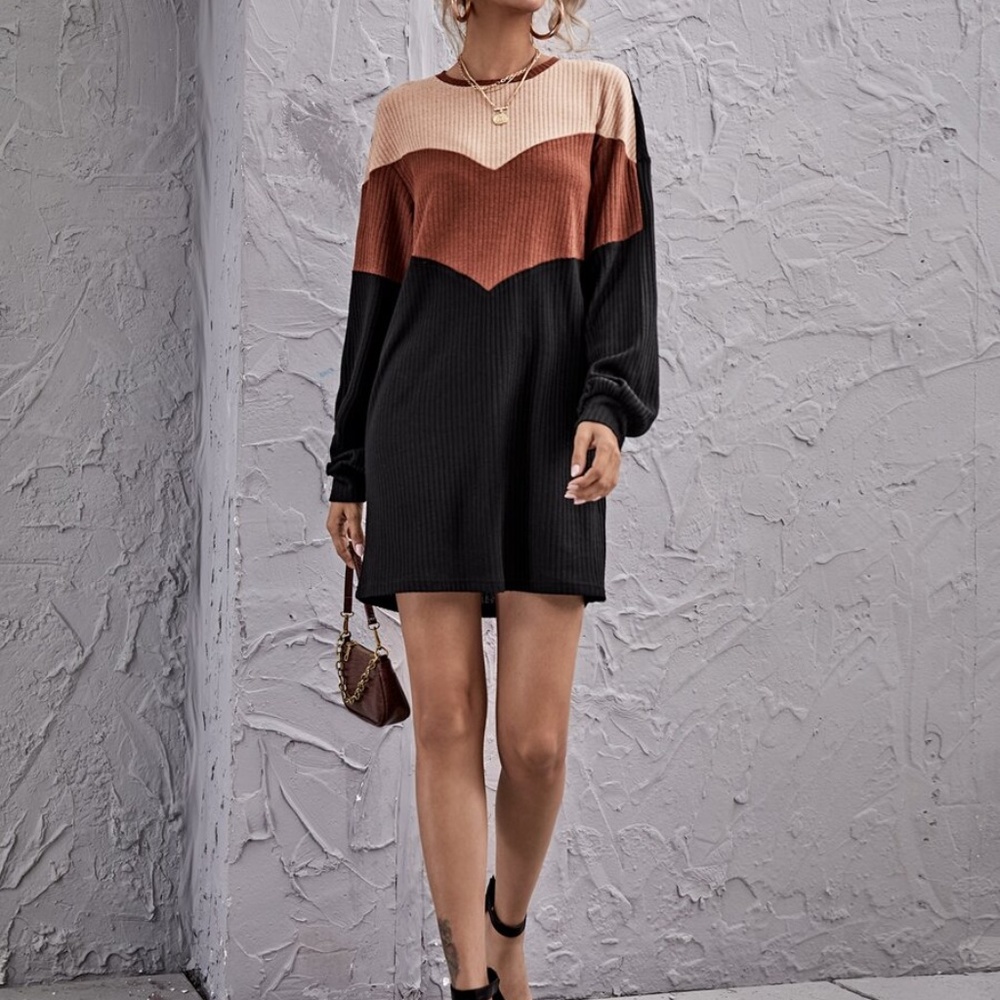 tan black color block ribbed long sleeve dress - Picture 3 of 5